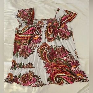 Vintage Lane Bryant Cap sleeve smocked Paisley Print  ruffle hem top size 14/16